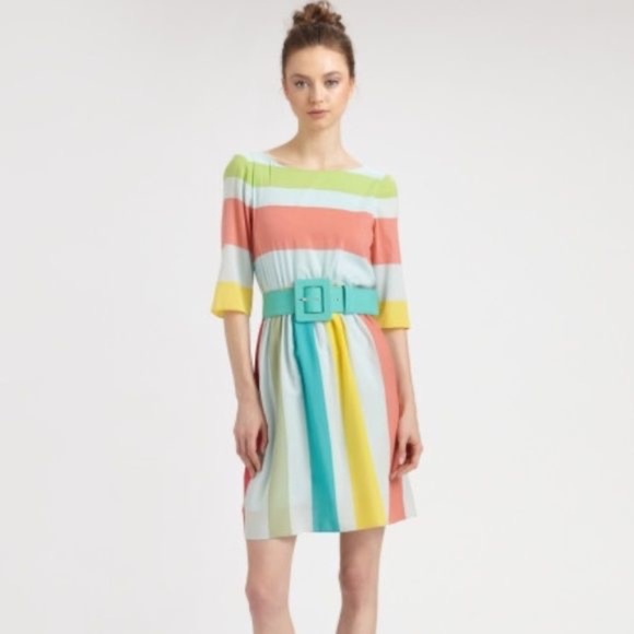 ALICE + OLIVIA Anita Silk Pastel Stripe Dress Retro Blouson Button Back Medium - Picture 1 of 16